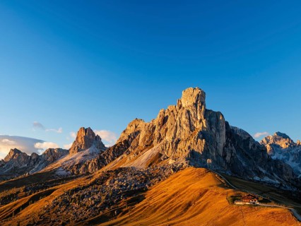 Passo di Giau at dusk, Giau Pass, in the back peaks of Ra Gusela, Nuvolau and Averau, Tofane on the