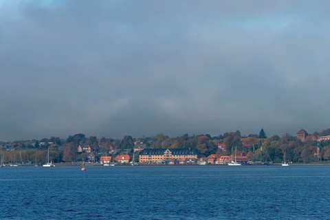 Kiel Fjord, Holtenau district, Kiel, historic sewer packing house, storage, sailing yachts, church