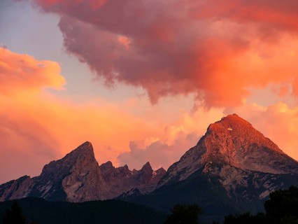 Watzmann under dramatic, red-lit clouds in the evening light, Berchtesgaden, Berchtesgadener Land,