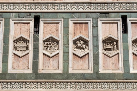 Detailed view of the reliefs on the Campanile di Giotto, the bell tower of the Cathedral of Santa