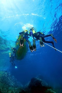 Underwater photo Group of scuba divers climb up to the sea surface at the end of dive on anchor