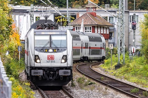 InterCity operated by Deutsche Bahn AG on the road between Stuttgart and Singen. The panoramic