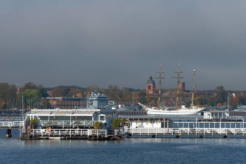 Kiel naval port, district of Wik, sailing school ship Gorch Fock in their home port, supply ship