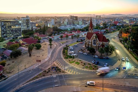 View of the Evangelical Lutheran Christ Church from 1910, sunset, Windhoek, Khomas region, Namibia