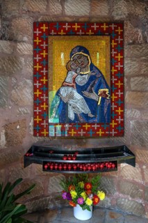 Mariengrotto with a mosaic of Mary in the fortified church defence tower, Hannberg, Middle
