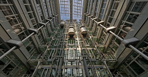 Atrium with three panoramic lifts, interior lift, Ludwig-Erhard-Haus, abbreviated LEH,