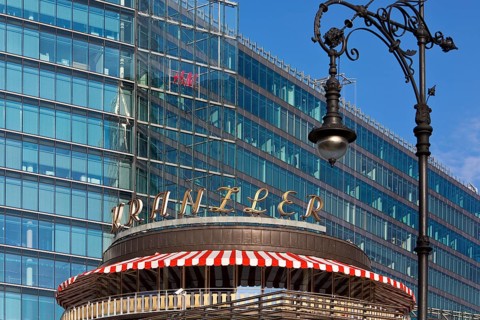 Café Kranzler with historic lantern and modern office building on Kurfürstendamm, Charlottenburg,