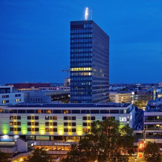 Europa-Center seen from an elevated position in the evening, Charlottenburg, Berlin, Germany
