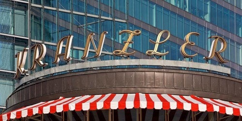 Historic logo of Café Kranzler with modern office building on Kurfürstendamm, Charlottenburg,