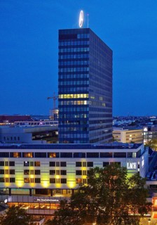 Europa-Center seen from an elevated position in the evening, Charlottenburg, Berlin, Germany