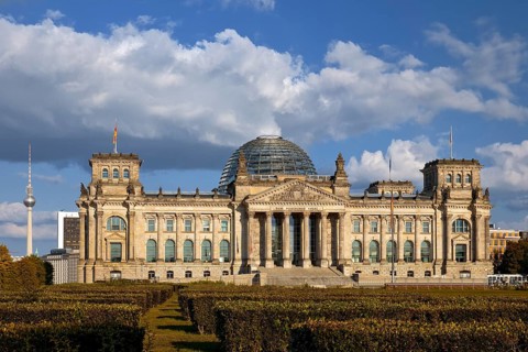 Reichstag, German Bundestag, Republic Square with Berlin TV Tower in the background, Berlin,