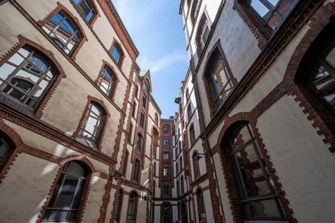 Courtyard near the door in Speicherstadt, Speicherstadt. Hamburg, Germany