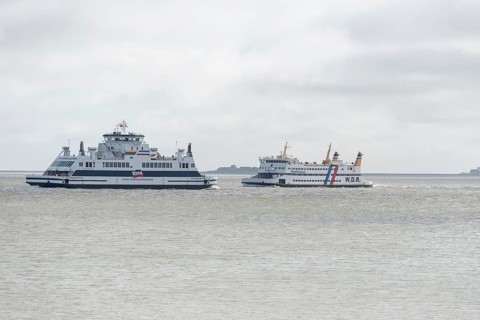 Two ferries of the Wyker Dampfschiffs-Reederei (W.D.R.), on the left car ferry Schleswig-Holstein,