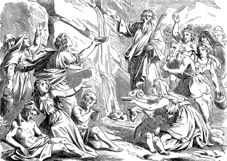 The children of Israel drink water from a rock, Moses strikes staff on rock face, thirst, dying of