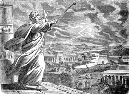 The Lord brought thunder, lightning and hail over the land of Egypt, God, temple, Nile, palm trees,
