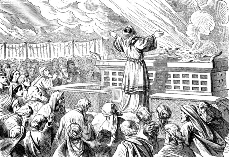 Aaron's first sacrifice is ignited by fire from heaven, sanctuary, smoke, God, people, ceremony,