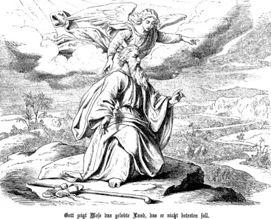 God shows Moses the Promised Land, which he is not to enter, a land flowing with milk and honey,