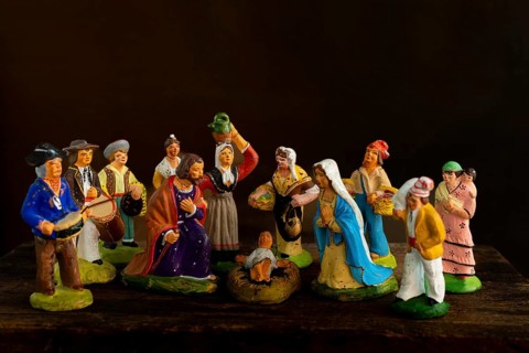 Traditional Provençal terracotta Santons figurines displayed for a crib in France showcasing local