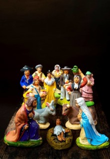 Traditional Provençal terracotta Santons figurines displayed for a crib in France showcasing local