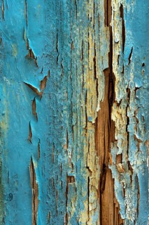 Faded blue wood shows signs of age with peeling paint, highlighting the textures and patterns