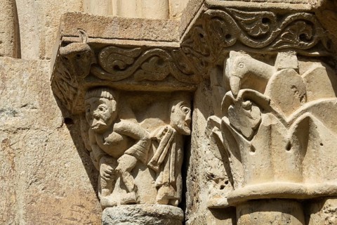 Porch sculptures of the romanesque church of Mailhat, Puy de Dome department, Auvergne-Rhone-Alpes,