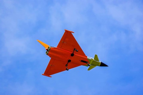 An RC model of a Eurofighter Typhoon during a flight demonstration as part of an air show at the