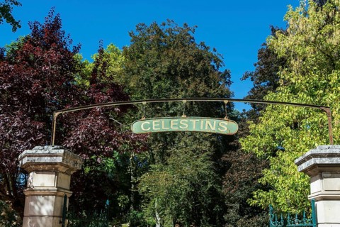 Sign showing the Celestins thermal spring, Vichy, France