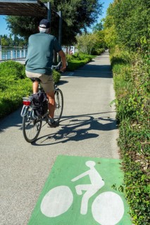 A person rides a bicycle on a smooth pathway lined with trees and shrubs. The sun shines bright,