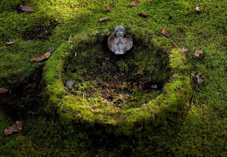 Detail, angel, angel figure on gravesite, tomb, grave moss, moss-covered, forest cemetery,