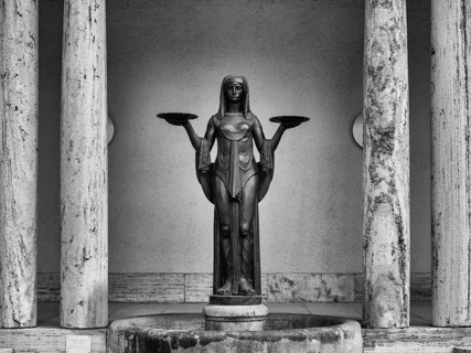 Statue, fountain figure The Tearful One, Goddess of Fate, funeral parlour, forest cemetery, black
