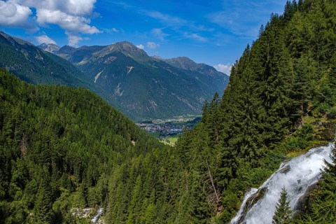 View of Umhausen and the Middle Ötztal from the Stuibenfall between Umhausen and Niederthai, Tyrol,