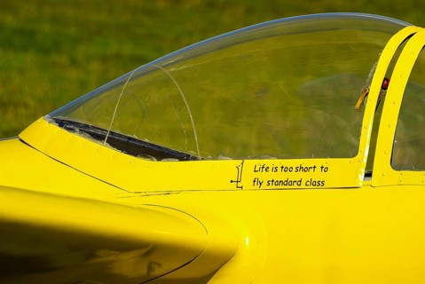 Life is too short to fly standard class, slogan on the canopy frame of a Letov LF-107 Lunak glider