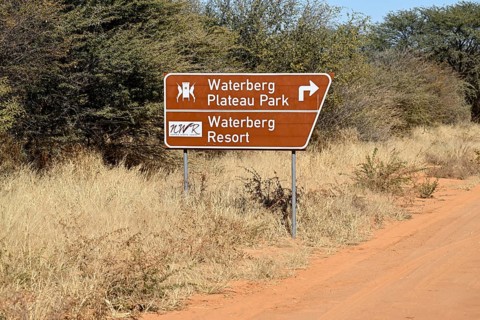 Road sign at the foot of the Waterberg, Otjozondjupa region, Namibia