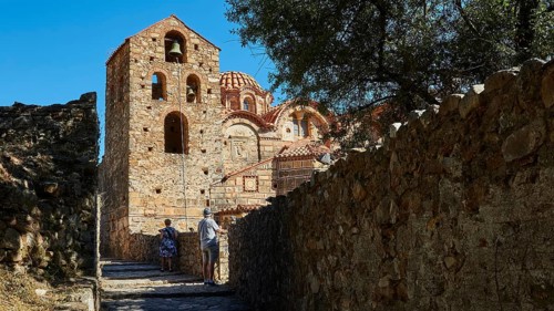 Metropolis, Metropolitan Church of Agios Dimitrios Mystras, Ornamented Byzantine church with trees
