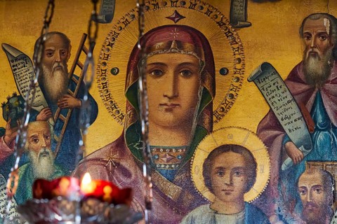 Pantanassa Monastery from the 15th century AD, Holy Icon of Mary with baby Jesus in the light of a