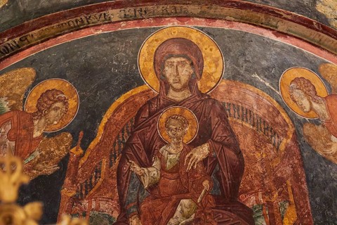 Pantanassa Monastery from the 15th century AD, Holy Mary with baby Jesus and angels in a fresco