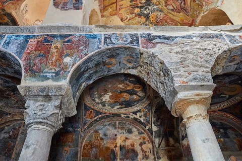 Pantanassa Monastery from the 15th century AD, Painted church columns and ceiling frescoes bear
