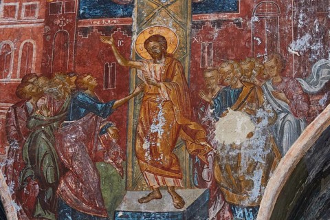Pantanassa Monastery from the 15th century AD, Jesus and apostles in the resurrection scene of a