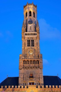 Illuminated Belfry of Bruges in the evening light, Belfort on the Grote Markt, Market Square,