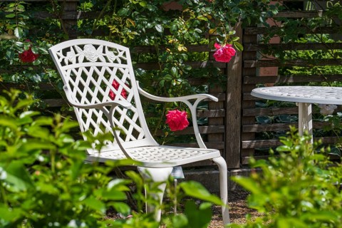 Sitting area in the garden, table and garden chair with rose blossoms, Westphalia, North