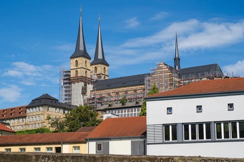 St Michael's Monastery with scaffolding, Michaelsberg, Old Town, UNESCO World Heritage Site,