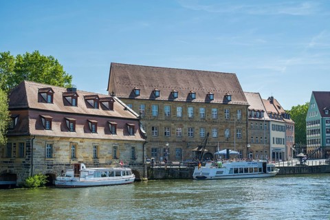 Jetty at the crane, Two excursion boats on the river Regnitz, Old Town, UNESCO World Heritage Site,