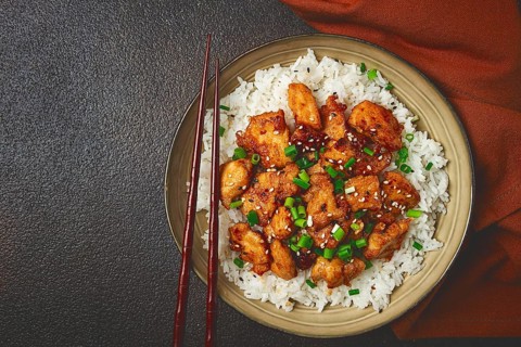 Fried chicken teriyaki with rice, green onion and sesame, homemade, no people