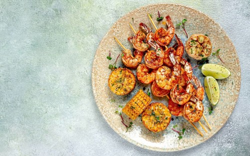 Tiger prawns on skewers, shrimp kebab, with corn, fried, homemade, no people