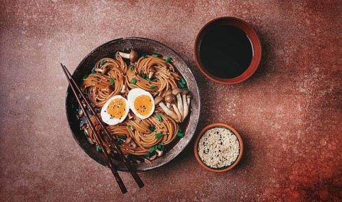 Buckwheat noodles, soba, with shimeji mushrooms, boiled egg, green onion, sesame seeds, homemade,