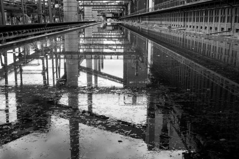 Zollverein coking plant, coke oven batteries and chimneys are reflected, water basin, black and