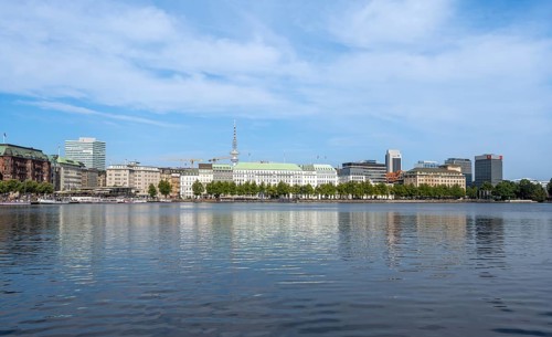 View over the Inner Alster with television tower, Hamburg, Germany