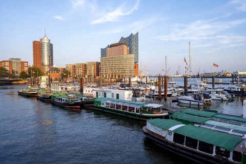 Boats in the City Sports Harbour on the Elbe, in the background Speicherstadt with Elbphilharmonie