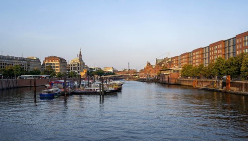 Inland harbour with warehouse district, in the evening light, Hamburg, Germany