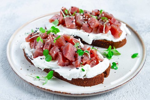 Sandwiches, rye bread with cream cheese, sliced tuna fillet with herbs, breakfast, homemade